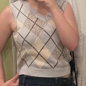 light blue plaid crop sweater tank with light grey
